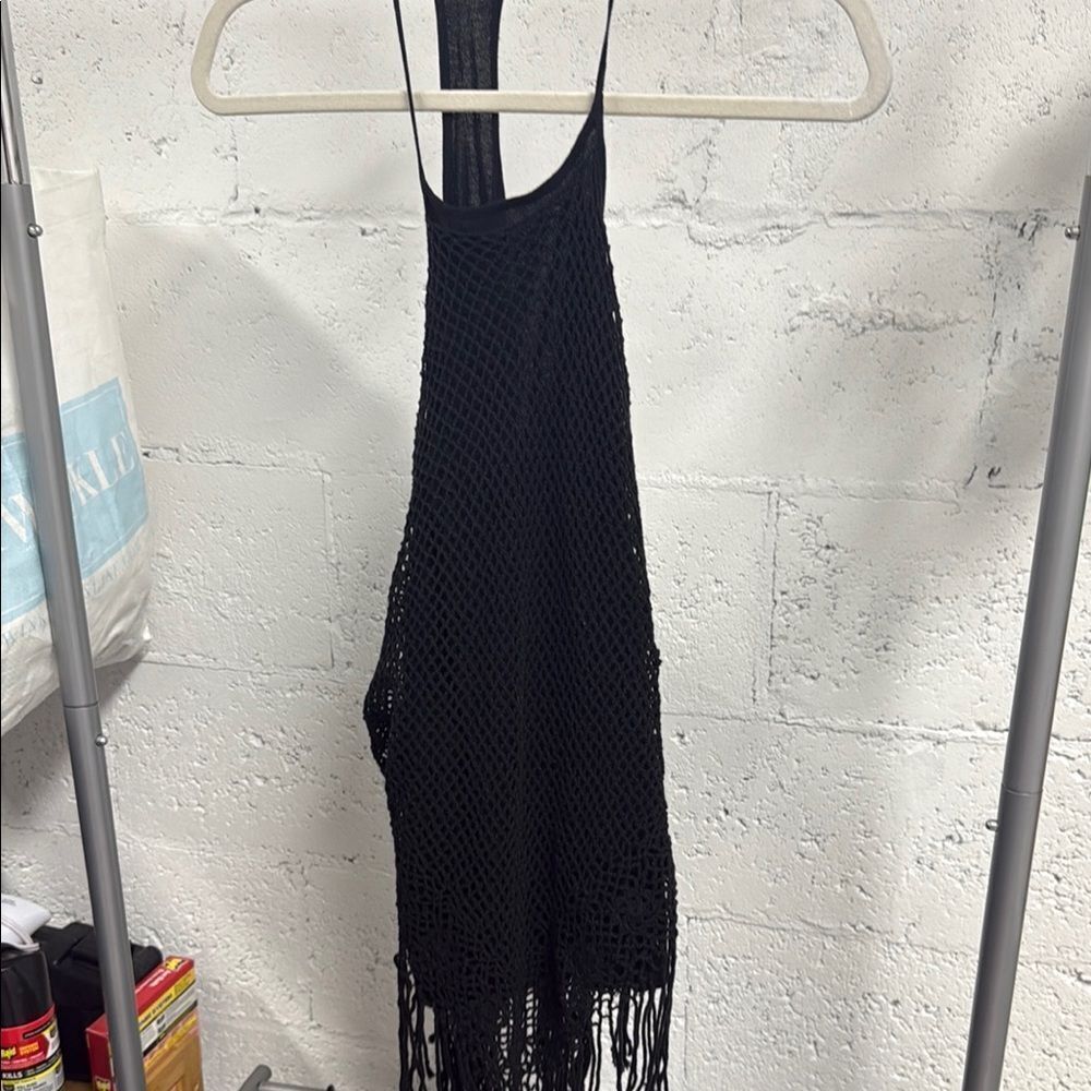 Alice + Olivia Black Knit Halter Tank - Fringe Knit Layered Attachement - Size M